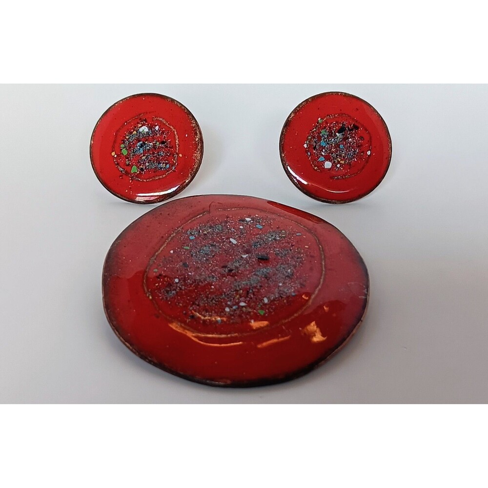 Vtg Artisan Modernist Enamel Over Copper Screwback Earrings & Brooch Demi Parure